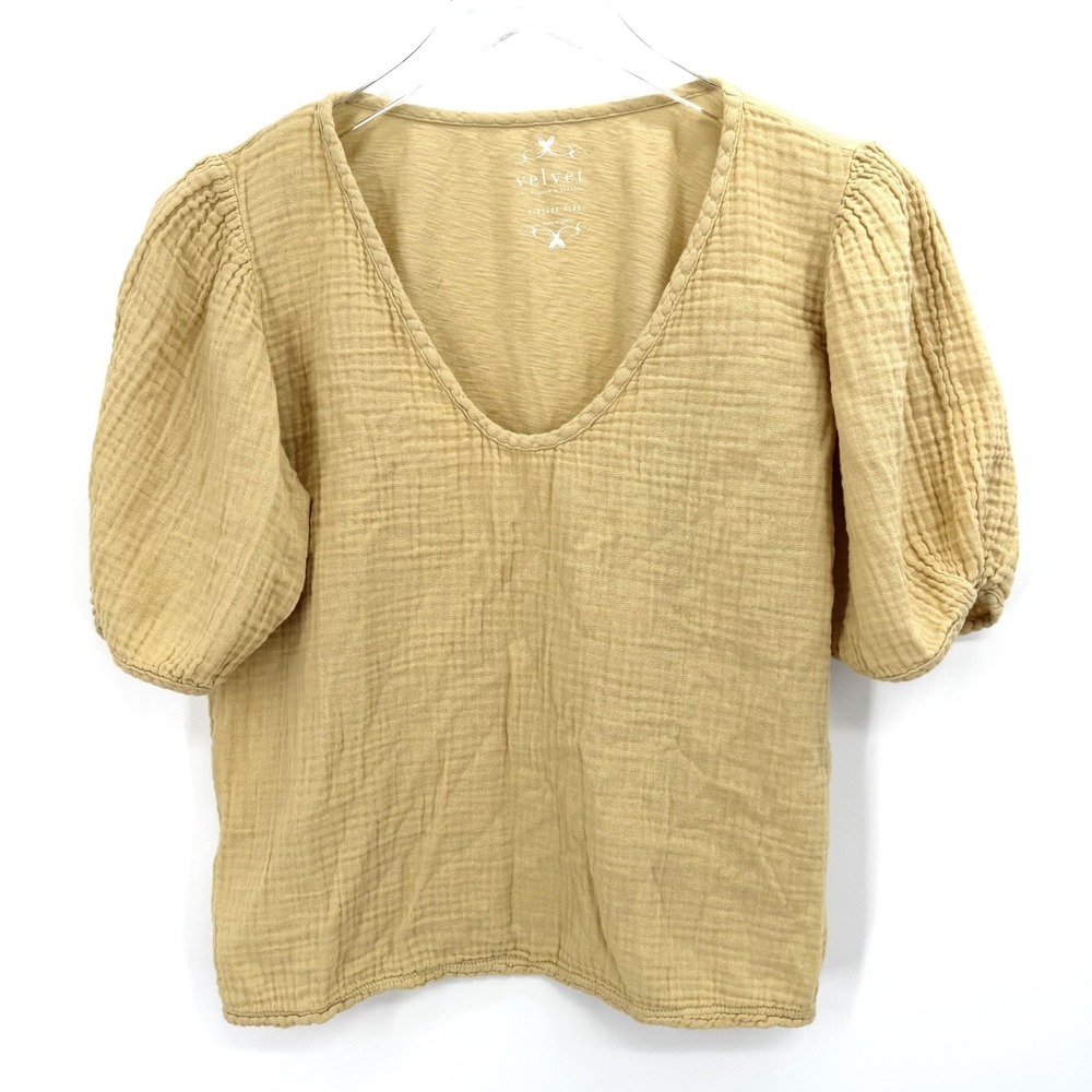 Velvet Graham & Spencer Louisa Puff Sleeve Top Size S Gauze Slub Cotton Yellow
